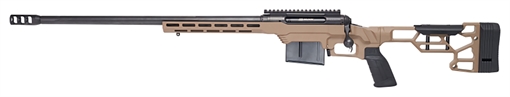 Picture of Savage Arms 110 Precision, Bolt Action Rifle, 6.5 Creedmoor, 24" Heavy Barrel, Threaded 5/8-24, BA Muzzle Brake, Matte Finish, Black, Flat Dark Earth MDT LSS XL Chassis, AccuTrigger, Includes 1 AICS Magazine and 20 MOA 1 piece EGW Rail, 10 Rounds, Left Hand 57696