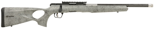 Picture of Savage Arms B Series TimberLite 17 HMR 10+1 18" Black Threaded Carbon Fiber/SS Barrel, Black Picatinny Rail Steel Receiver, Gray w/Black Webbing Synthetic Fixed Thumbhole Stock 70818