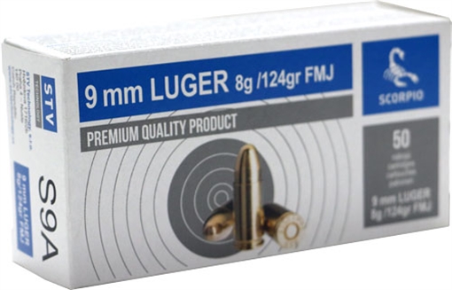 Picture of STV Technology 9mm 124 Grain Boxer Primed Full Metal Jacket Brass Case 50 Round Box SCORPIO-9MM-124FMJ S9A