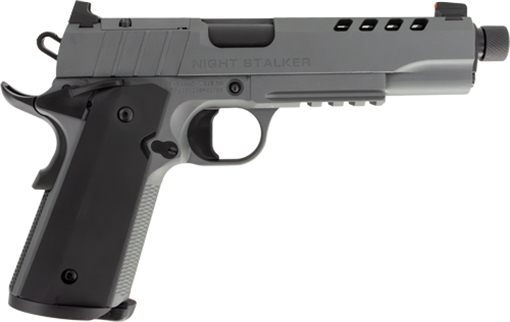 Picture of Tisas USA 1911 Night Stalker SF, Single Action Only, Semi-automatic, Metal Frame Pistol, 9MM, 5.55" Threaded Barrel, Threaded 1/2x28, Cerakote Finish, Gray, Light Rail, Black Rear/ Tritium Orange Dot Front, 10 Rounds, 2 Magazines, Optic Ready 10100557