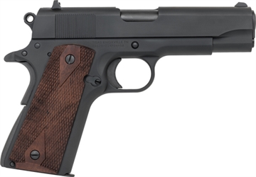 Picture of Tisas USA 1911A1, Tank Commander, Single Action Only, Semi-automatic, Metal Frame Pistol, Commander, 45 ACP, 4.25" Barrel, Carbon Steel Frame, Manganese Phosphate Finish, Black, Checkered Wood Grips, Enhanced GI Style Sights, 7 Rounds, 2 Magazines 10100114