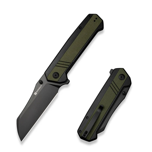 Picture of SENCUT Draxor Flipper/Thumb Stud Folding Knife 3.70"" Black 9Cr18MoV Sheepsfoot Plain Edge Blade, Green/Black G10 Handle S24035-2