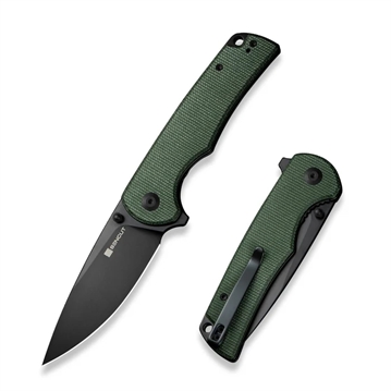 Picture of SENCUT Praktisk Flipper/Thumb Stud Folding Knife 3.59"" Black 9Cr18MoV Drop Point Plain Edge Blade, Green Canvas Micarta Handle    S24019-3