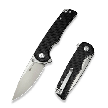 Picture of SENCUT Praktisk Flipper/Thumb Stud Folding Knife 3.59"" Satin 9Cr18MoV Drop Point Plain Edge Blade, Black G10 Handle    S24019-1