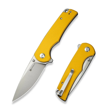 Picture of SENCUT Praktisk Flipper/Thumb Stud Folding Knife 3.59"" Satin 9Cr18MoV Drop Point Plain Edge Blade, Yellow G10 Handle    S24019-2