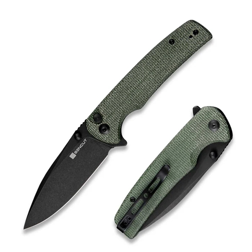 Picture of SENCUT Sachse Flipper/Thumb Stud Folding Knife 3.47"" Black 9Cr18MoV Drop Point Plain Edge Blade, Green Micarta Handle S21007-2