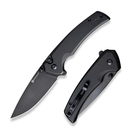 Picture of SENCUT Serene Flipper/Thumb Stud Folding Knife 3.48"" Black D2 Drop Point Plain Edge Blade, Black Aluminum Handle S21022B-1