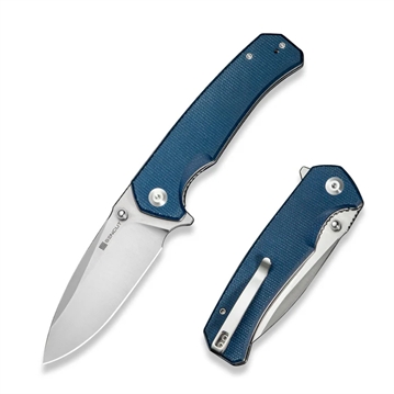 Picture of SENCUT Skarnax Flipper/Thumb Stud Folding Knife 3.79"" Satin 9Cr18MoV Drop Point Plain Edge Blade, Blue Canvas Micarta Handle    S24025-3