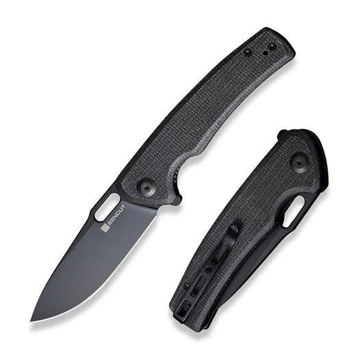 Picture of SENCUT Vesperon Flipper/Thumb Hole Folding Knife 3.35"" Black 9Cr18MoV Drop Point Plain Edge Blade, Black Canvas Micarta Handle S20065-3 689826329221