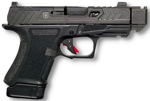 Picture of Shadow Systems CR920P War Poet Edition, Semi-automatic Pistol, Striker Fired, Sub-Compact, 9MM, 3.75" Spiral Fluted Barrel, Polymer Frame, Nitride Finish, Black, Front Night Sight, Trigger Safety, (1)-10 Round (1)-13 Round, Includes 10 Round Pinky Extension Base Plate, Attache Case SS-4284
