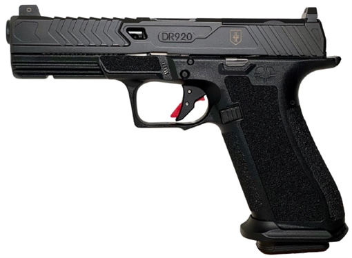 Picture of Shadow Systems DR920 War Poet Edition, Semi-automatic, Polymer Frame Pistol, Compact, 9MM, 5" Spiral Threaded Barrel, Nitride Finish, Black, Trigger Safety, Front Tritium Night Sight, 17 Rounds, 2 Magazines, Includes (3) Backstraps, Backstrap Tool and Attache Case SS-2075