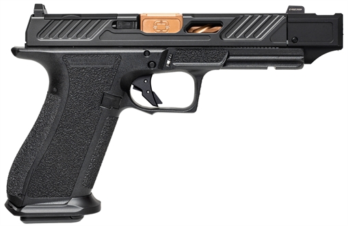 Picture of Shadow Systems DR920 Elite, Striker Fired, Semi-automatic, Polymer Frame Pistol, Full Size, 9MM, 4.48" Bronze Spiral Fluted Barrel with Compensator, Nitride Finish Slide, Black, Optics Ready, Trigger Safety, Tritium Front Night Sight, 10 Rounds, 2 Magazines, California Compliant SS-2239-CA