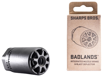 Picture of Sharps Bros Badlands Muzzle Brake/Blast Deflector, Heat Treated 17-4 Stainless Steel w/Nitride Finish, 1/2"-28 tpi Threads, 2.75"L, 1.50" Outside Diameter for Multi-Caliber (.223-.354) BAD01