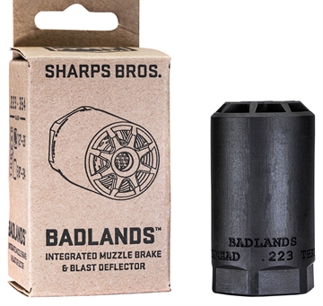 Picture of Sharps Bros Badlands Muzzle Brake/Blast Deflector, Heat Treated 17-4 Stainless Steel w/Nitride Finish, 5/8"-24 tpi Threads 2.75"L 1.50"D for Multi-Caliber (.223-.354) Full-Auto Rated BAD02