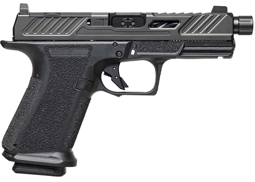 Picture of Shadow Systems MR920 Elite, Striker Fired, Semi-automatic, Polymer Frame Pistol, Compact, Massachusetts Compliant, 9MM, 4.5" Black Spiral and Fluted/Threaded Barrel, Nitride Finish Elite Slide, Black, Optics Ready, Flat Faced Trigger, Trigger Safety, Tritium Front Night Sight, 10 Rounds, 2 Magazines SS-1084