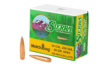 Picture of Sierra Bullets MatchKing, .224 Diameter, 22 Caliber, 80 Grain, Hollow Point Boat Tail, 500 Count 9390