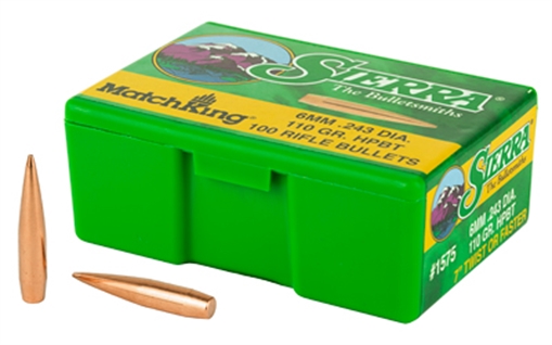 Picture of Sierra Bullets MatchKing, .243 Diameter, 6MM/243 Winchester, 110 Grain, Boat Tail Hollow Point, 100 Count 1575