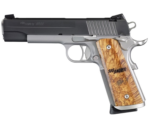 Picture of SIG SAUER 1911 STX HGA 45 ACP 5IN BBL SAO 2-TONE SIGLITE SIGHTS BURLED MAPLE GRIP 2-8RD MAGS MA COMP 1911M-45-STX