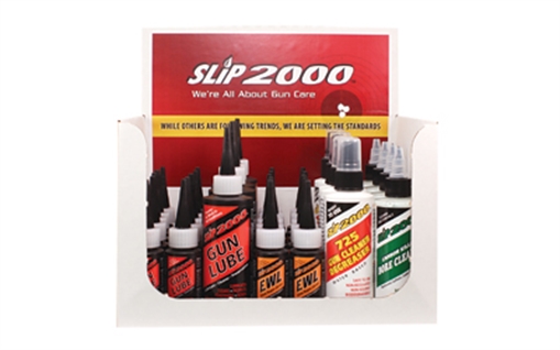 Picture of Slip 2000 36 Piece Counter Display, 12 Units #60001 1oz. Gun Lube, 4 Units #60006 4oz. Gun Lube, 12 Units #60317 1oz. EWL, 4 Units #60200 4oz. 725 Gun Cleaner/Degreaser, 4 Units #60104 4oz. Carbon Killer Bore Cleaner 60032