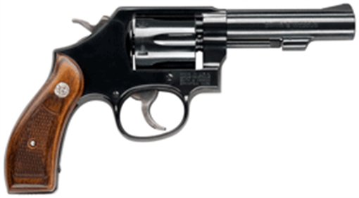 Picture of Smith & Wesson Model 10, Classic, Double/Single Action, Metal Frame Revolver, K-Frame, 38 Special +P, 4" Barrel, Carbon Steel, Blued Finish, Wood Grips, Fixed Sights, 6 Rounds 150786 022188142358