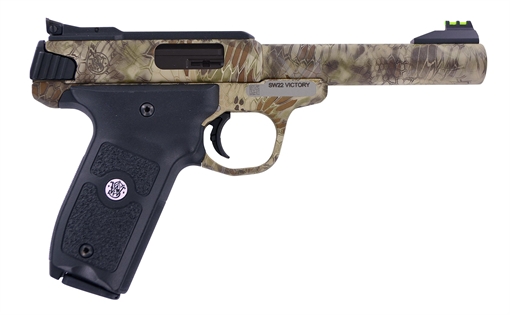 Picture of Smith & Wesson SW22 Victory, Single Action Only, Semi-automatic, Metal Frame Pistol, Full Size, 22LR, 5.5" Barrel, Stainless Steel, Kryptek Highlander, Polymer Grips, Adjustable Fiber Optic Sights, Manual Thumb Safety, 10 Rounds, 2 Magazines 10297