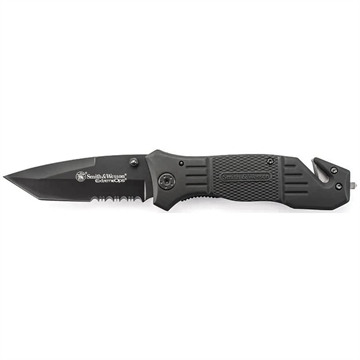 Picture of Smith & Wesson Knives Extreme Ops 3.30" Folding Tanto Part Serrated Stainless Steel Blade 4.70" Black Includes Pocket Clip SWFR2SCP