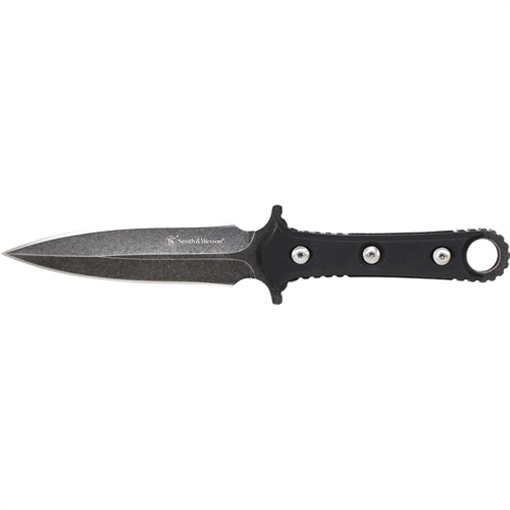 Picture of Smith & Wesson Fixed Blade, Stone Washed 8Cr13MoV Spear Point Blade, Black G10 Handle, Leather Sheath. No Ship CA, NY, MA. SWF606