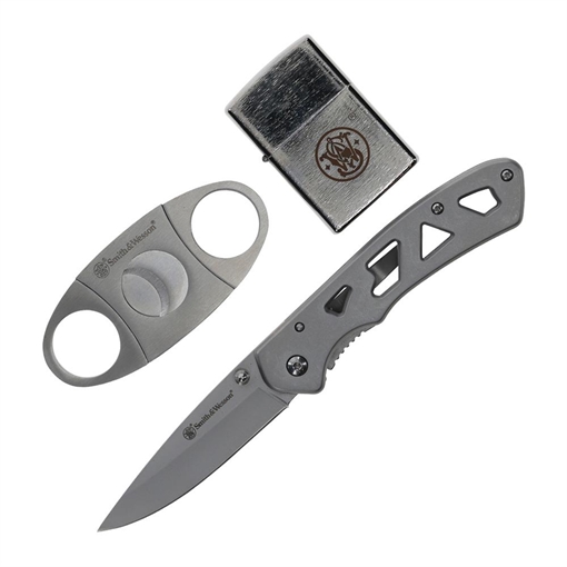 Picture of Smith & Wesson Folding Knife Cigar Cutter and Lighter Combo 3" Drop Point Blade Silver 1227074 198700001325