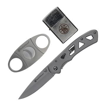 Picture of Smith & Wesson Folding Knife Cigar Cutter and Lighter Combo 3" Drop Point Blade Silver 1227074 198700001325