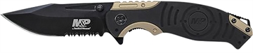 Picture of Smith & Wesson Knives M&P 3.50" Folding Drop Point Part Serrated Stonewashed 8Cr13MoV SS Blade/Black & Tan Aluminum Handle Includes Pocket Clip SWP13BSCP