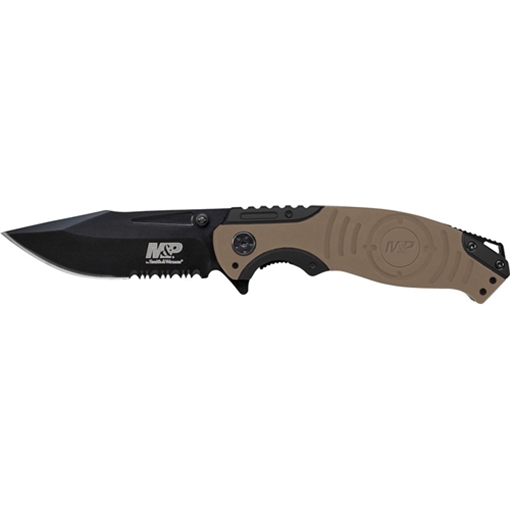 Picture of Smith & Wesson Liner Lock, 8Cr13MoV Drop Point Blade, Thumb Knobs, Index Flipper, Gold/Black Handle SWMP13GLS