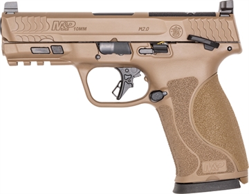 Picture of Smith & Wesson M&P M2.0, Striker Fired, Semi-automatic, Polymer Frame Pistol, Full Size, 10MM, 4" Barrel, Cerakote Finish, Flat Dark Earth, Optic Height White 3 Dot Sights, Thumb Safety, 15 Rounds, Optics Ready Slide, 2 Magazines 13739