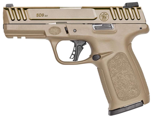 Picture of Smith & Wesson SD9 2.0, Striker Fired, Semi-Automatic, Polymer Frame Pistol, Full Size, 9MM, 4" Barrel, Cerakote Finish, Flat Dark Earth, White Dot Sights, Flat Face Trigger, 16 Rounds, 1 Magazine, Includes SurefireEP3 Ear Protection 14371