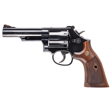 Picture of Smith & Wesson Model 19 Classic, Double Action/Single Action, Metal Frame Revolver, K-Frame, 357 Magnum/38 Special +P, 4.25" Barrel, Carbon Steel Frame, Blue Finish, Wood Grips, Red Ramp Front Sight, Adjustable Rear Sight, 6 Rounds, No Internal Lock 14046