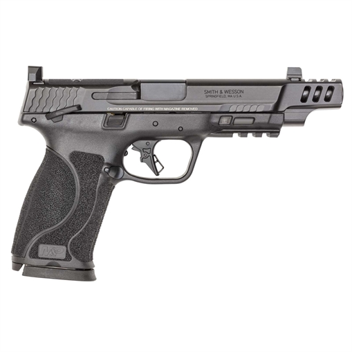 Picture of Smith & Wesson M&P M2.0 Performance Center, Striker Fired, Semi-automatic, Polymer Frame Pistol, Full Size, 10MM, 5.6" Ported Barrel, Armornite Finish, Black, Optic Height Night Sights, Manual Thumb Safety, Optics Ready Slide, 15 Rounds, 2 Magazines 13915