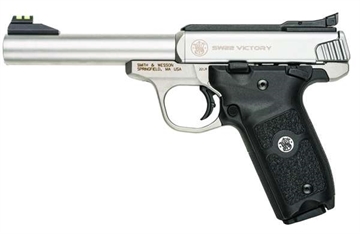 Picture of Smith & Wesson SW22 Victory, Single Action Only, Semi-Automatic, Metal Frame Pistol, Full Size, 22LR, 5.5" Barrel, Stainless Steel, Satin Finish, Adjustable Fiber Optic Front and Green Fiber Optic Rear Sights, Manual Thumb Safety, 10 Rounds, 2 Magazines 108490