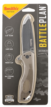 Picture of Smiths Products BattlePlan 3.35" Folding Drop Point Plain Black Stonewashed 400 SS Blade/ Desert Tan G10 Handle Includes Pocket Clip 50995