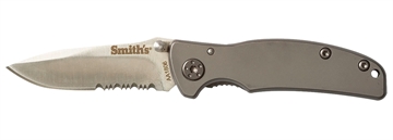 Picture of Smiths Products Titania I 2.20" Folding Drop Point Part Serrated Satin Titanium Coated Stainless Steel Blade/ Stainless Steel Handle Includes Pocket Clip 51007