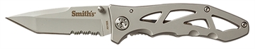 Picture of Smiths Products Caprella 2.95" Folding Drop Point Part Serrated Bead Blasted 400 SS Blade/Silver Skeletonized Stainless Steel Handle Includes Pocket Clip 51009