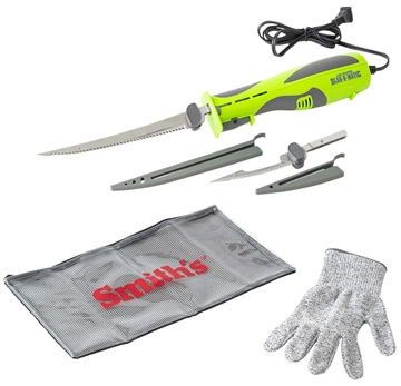 Picture of Smiths Products Mr. Crappie Slab-O-Matic 8"/4.50" Fillet/Ribcage Serrated Stainless Steel Blade Electric Green/Gray Vented Includes Power Cord/Fillet Glove/Mesh Storage Bag 51207