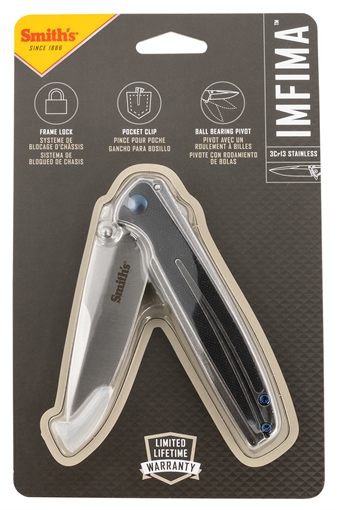 Picture of Smiths Products Imfima 3.26" Folding Drop Point Plain Bead Blasted 3Cr13MoV SS Blade/ Bead Blasted Stainless Steel Handle Includes Pocket Clip 51275