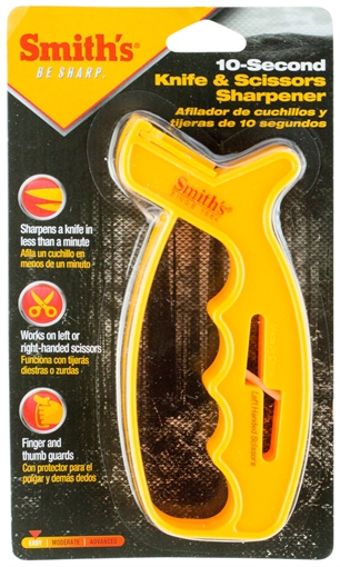 Picture of Smiths Products 10-Second Knife & Scissor Sharpener Hand Held Fine, Coarse Carbide, Ceramic Sharpener Plastic Handle Yellow JIFFS