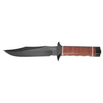 Picture of S.O.G Bowie 2.0 6.40" Fixed Plain Clip Point Black Hardcased TiNi Full Tang AUS8 SS Blade/ Brown Stacked Leather Washers w/Cross Guard Handle SOGS1TL