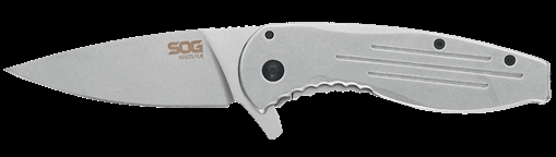 Picture of SOG Knives & Tools Aegis FLK, 3.4" Folding Knife, Clip Point Straight Edge, Stainless Steel Handle, 8Cr13MoV Steel, Satin Finish, Silver SOG-14-41-02-42 SOG14410242