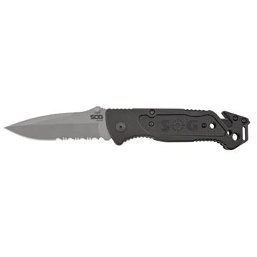 Picture of S.O.G SOG-FF24-CP Escape 3.40" Folding Clip Point Part Serrated Bead Blasted 9Cr18MoV SS Blade Black Anodized Aluminum Handle Includes Belt Clip SOGFF24CP
