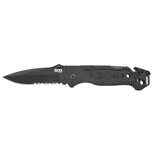 Picture of S.O.G Escape 3.40" Folding Clip Point Part Serrated Black Hardcased 9Cr18MoV SS Blade Black Anodized Aluminum Handle Includes Belt Clip SOGFF25CP