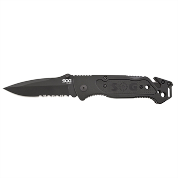 Picture of S.O.G Escape 3.40" Folding Clip Point Part Serrated Black Hardcased 9Cr18MoV SS Blade Black Anodized Aluminum Handle Includes Belt Clip SOGFF25CP