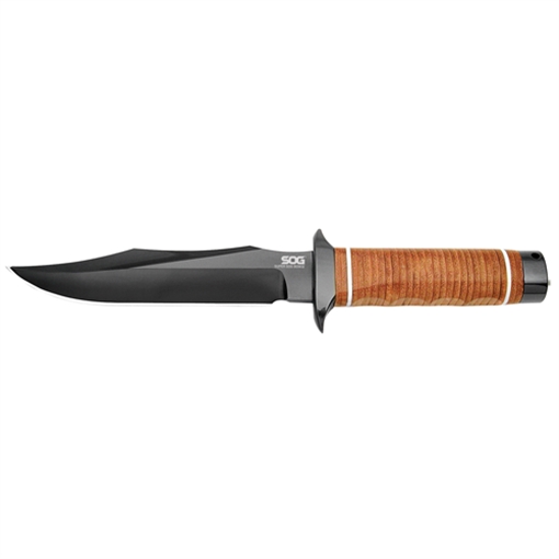 Picture of S.O.G Super SOG 7.50" Fixed Bowie Plain Black Hardcased TiCN AUS-8A SS Blade Brown Stacked Leather Washers w/Cross Guard Handle Includes Sheath SOGSB1TL