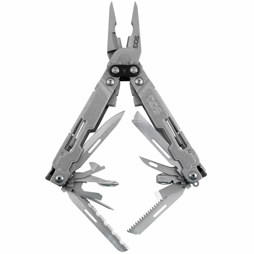 Picture of SOG Knives & Tools PowerAccess, Deluxe, 21 Tool Multi-Tool, 40 Stainless Steel, Stone Wash Finish, Silver, Includes Nylon Sheath and 12 Piece Hex Bit Kit SOG-PA2001-CP