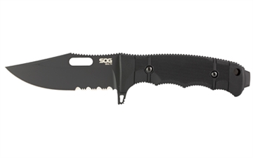 Picture of SOG Knives & Tools Seal FX, 4.3" Fixed Blade Knife, Clip Point Partially Serrated Edge, Glass Reinforced Handle, CPM S35VN Steel, Cerakote Finish, Black, Includes Kydex Sheath SOG-17-21-01-57 SOG17210157